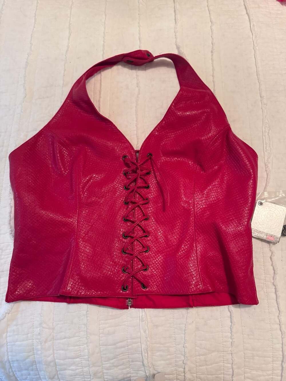 Wilsons Leather Maxima Red Crocodile Leather Lace-Up Halter Corset Top deadstock